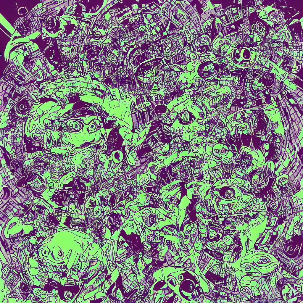 Image similar to toad head, ryuta ueda artwork, breakcore, style of jet set radio, y 2 k, gloom, space, frequency, subtle glitches, frogs, amphibians, sacred geometry, data, minimal, code, cybernetic, dark, eerie, cyber