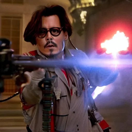 Image similar to stunning awe inspiring johnny depp as a ghostbuster in the movie ghostbusters, highly detailed face, movie still 8 k hdr atmospheric lighting
