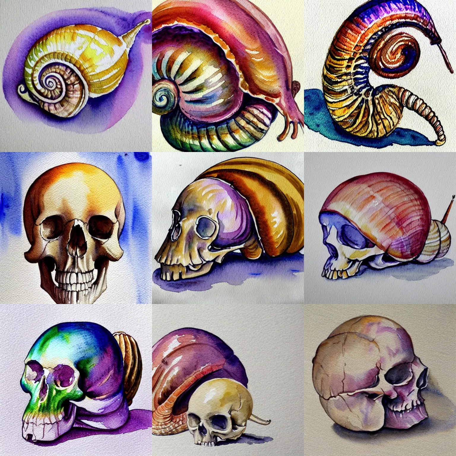 Prompt: watercolour of snail!! with human skull shell, realism, intricate, colourful