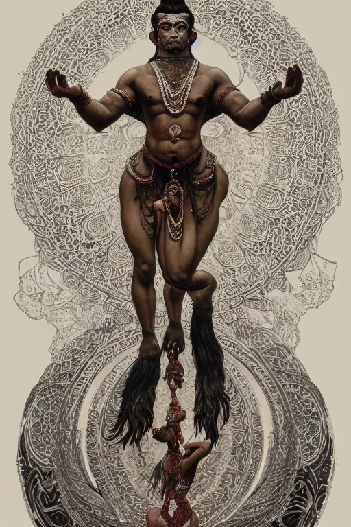 Image similar to a full body portrait of a beautiful ornated hanuman god, leaping pose, hindu stages of meditation, intricate, elegant, highly detailed, digital painting, artstation, concept art, smooth, sharp focus, line art illustration for tattoo, art by krenz cushart and artem demura and alphonse mucha