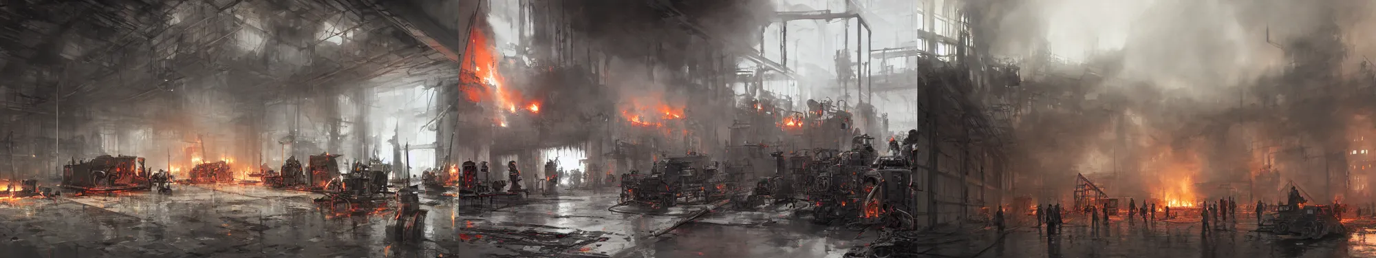 Prompt: factory interior set on fire with people trying to extinguish fire, papyrus, watercolored, jakub rozalski, dark colours, dieselpunk, artstation