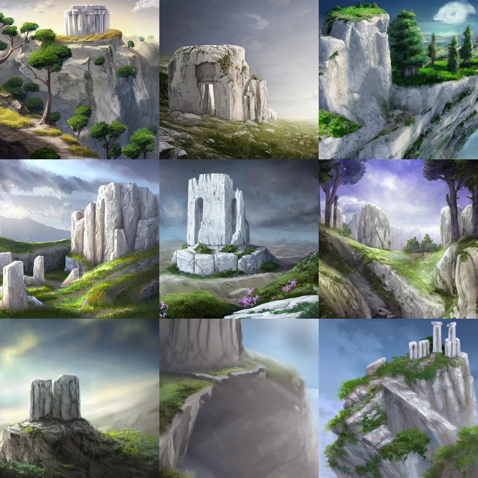 Prompt: concept art of a small cliff, made of white marble in a mediterranean forest with a stone henge at the top of it seen from far away, art station front page, digital art, beautiful day