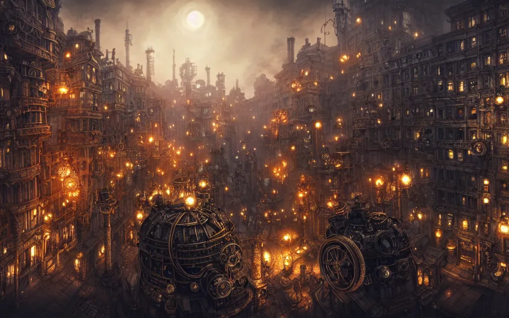 Prompt: an ultra wide angle view of a steampunk city made of clockwork, steamy, ominous, an ultrafine hyperdetailed illustration by kim jung gi, irakli nadar, intricate linework, octopath traveler, final fantasy, unreal engine 5, highly rendered, global illumination, radiant light, detailed and intricate environment