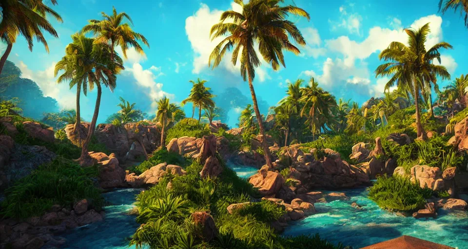 Image similar to An epic fantasy style painting of a sunny tropical paradise, unreal 5, DAZ, hyperrealistic, octane render, volumetric clouds dynamic lighting