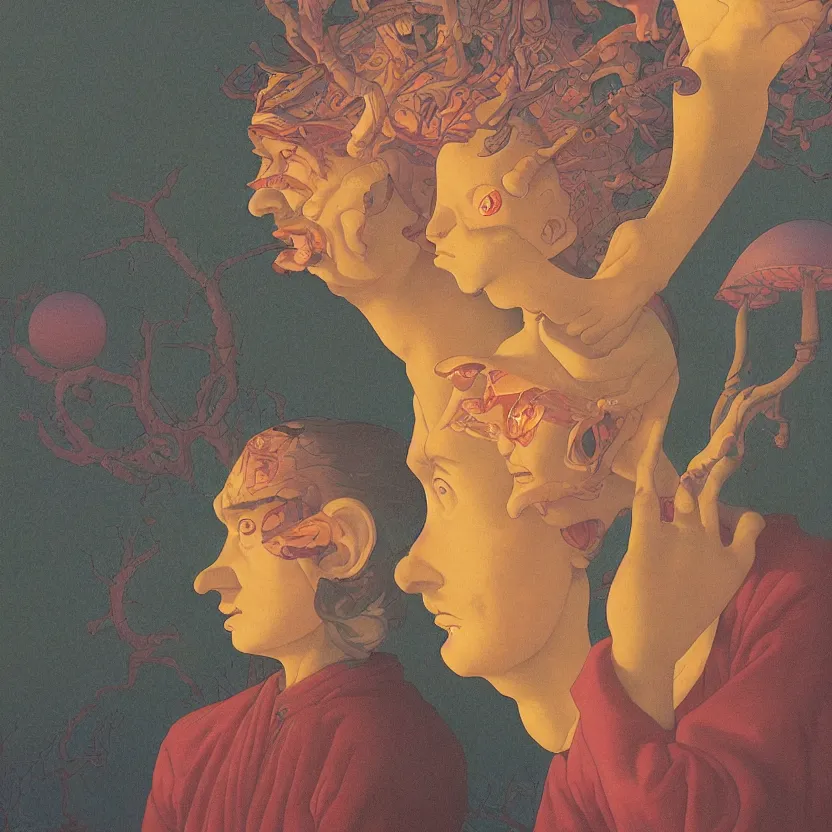 Image similar to close up portrait of a man and woman having fun with lsd and magic mushrooms by kawase hasui, moebius, Edward Hopper and James Gilleard, Zdzislaw Beksinski, Steven Outram, 8k, volumetric lighting, artstation