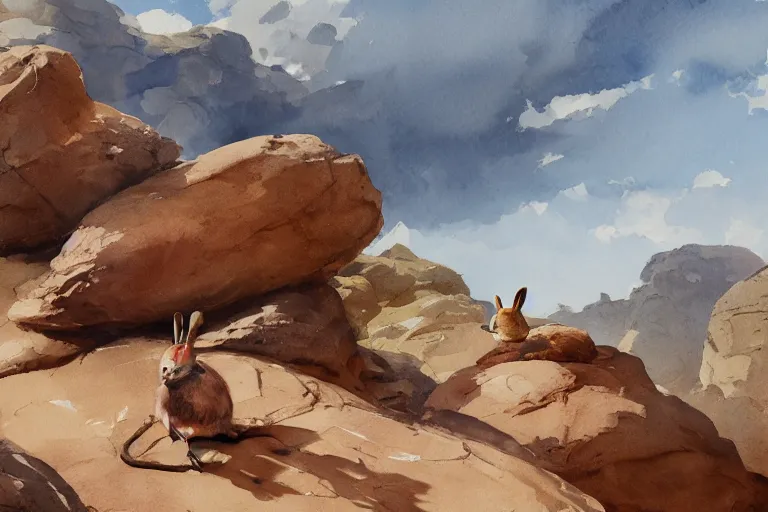 Image similar to watercolor painting of rabbit in rocky desert landscape closeup, ambient lighting, art by hans gude, art by hans dahl, by jesper ejsing, art by anders zorn, wonderful masterpiece by greg rutkowski, cinematic light, american romanticism by greg manchess, creation by tyler edlin