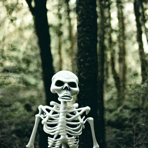 Image similar to film photography, portrait of skelleton standing in a forrest, 35mm, film photo