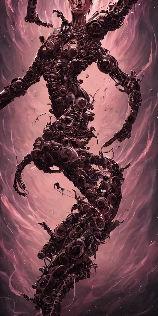 Image similar to comic art,Sprial, a female six-armed Mutate and Cyborg Sorcereress dancing in the air,beautiful and terrifying,melting,full character design,8k,by Stanley Artgermm,Tom Bagshaw,Travis Charest,Carne Griffiths,Ron English,Linsey Levendall,trending on DeviantArt,face enhance,hyper detailed,minimalist,full of colour,cinematic,dynamic lighting