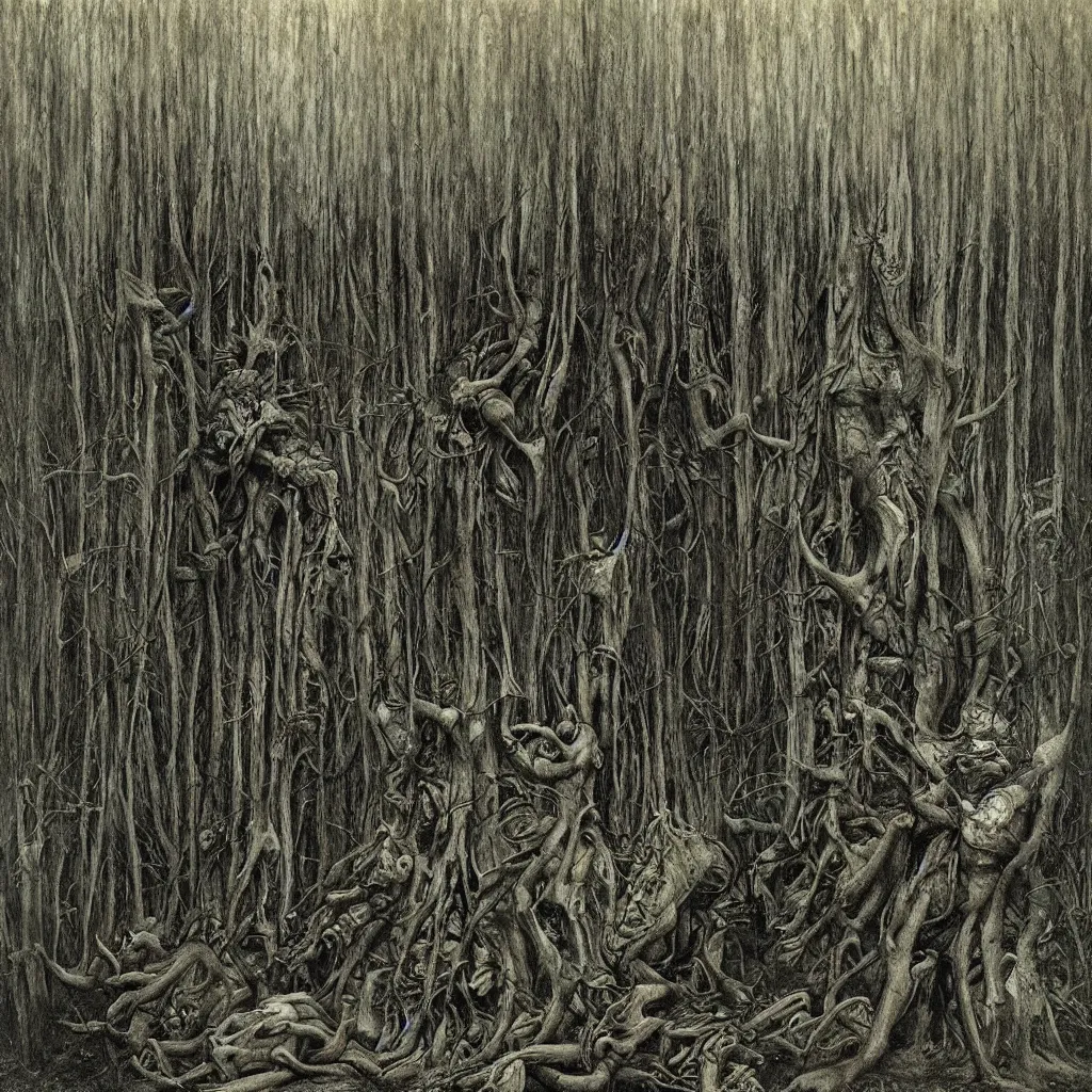 Prompt: a dark forest infested with vile, disgusting, horrible, contorted, insectoid, repugnant, evil, nauseating, vomit, grimy, demonic, insects, style of zdislaw beksinski