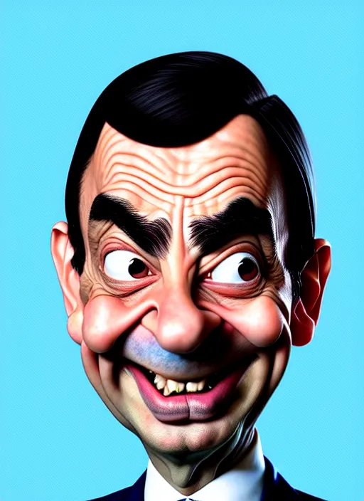 Prompt: highly detailed caricature portrait of mr bean by ross tran, by greg rutkowski, brush strokes, 4 k resolution, light blue pastel background