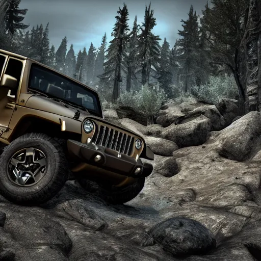 Prompt: Jeep, Professional Photography, Skyrim, Off-roading, Mountain landscape, dirt, road, cinematic color, photorealistic, highly detailed wheels, highly detailed