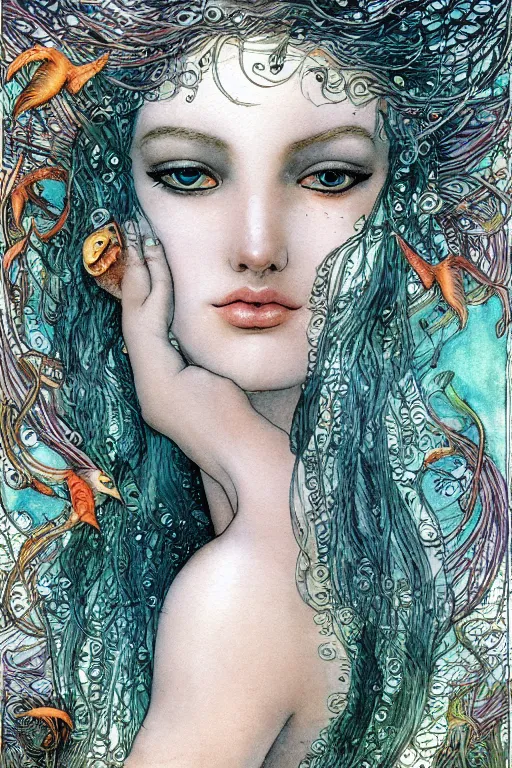 Image similar to mermaid face closeup surrounded by goldfish, art by luis royo and walter crane and kay nielsen, watercolor illustration, ultra sharp focus