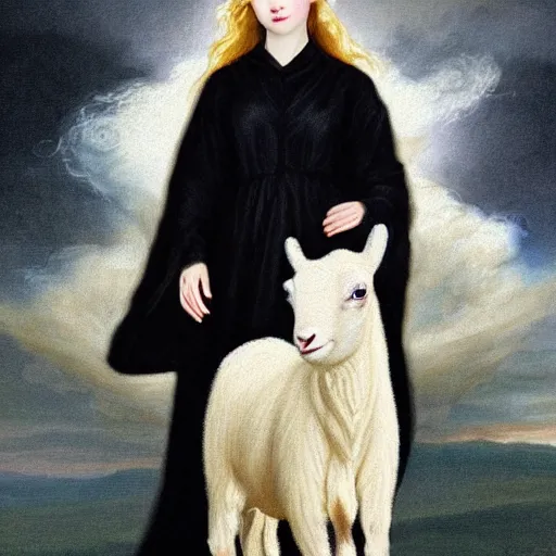 Prompt: professional painting of Elle Fanning wearing black cultist robes holding a white lamb surrounded by fire in the style of Thomas Lawrence, nighttime, stars, head and shoulders portrait, symmetrical facial features, smooth, sharp focus, illustration, intricate, stormy weather, extremely detailed masterpiece,