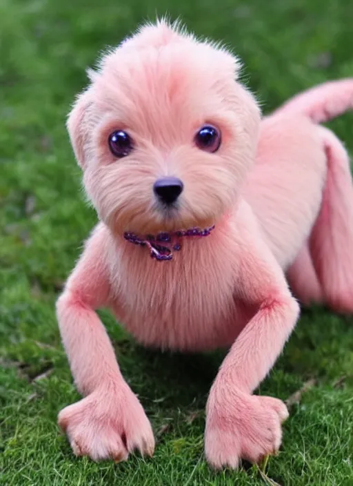 Image similar to genetic combination of a dog, a praying mantis, and a teddy bear. insectoid puppy. iridescent pink fur, big red eyes, mantis claws