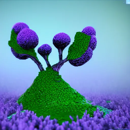 Image similar to stylized alien plant made of gree crystals with purple leaves, cinematic, moody, hdr, unreal engine
