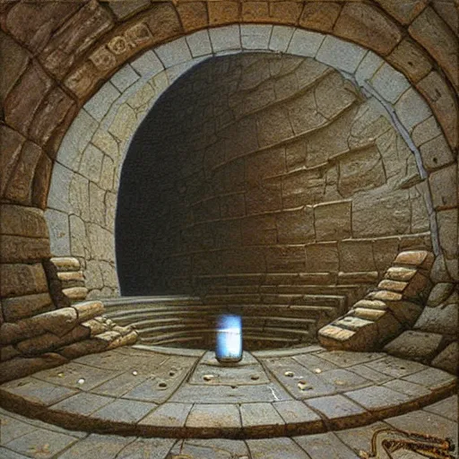 Image similar to a fantasy ctiy built into the walls of a cylindrical pit, painting by Peter Elson