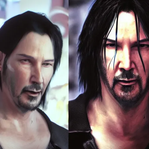 Image similar to Fusion of Dante from Devil May Cry and Keanu Reeves, film still, photorealistic