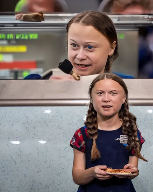 Prompt: film still close - up shot of greta thunberg giving a speech in a train station eating pizza, smiling, the sun is shining. newspapers falling from sky photographic, photography