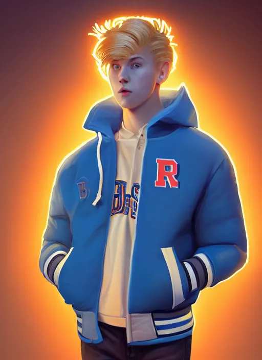 Image similar to portrait of high school senior boy named big moose, blonde short hair, jock, beefy, wide face, square jaw, square facial structure, blue varsity jacket with letter r, intricate, elegant, glowing lights, highly detailed, digital painting, artstation, concept art, sharp focus, illustration, art by wlop, mars ravelo and greg rutkowski