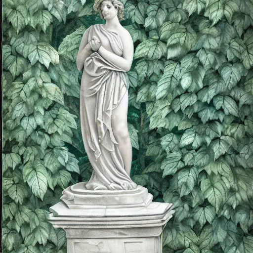 Prompt: delicate marble statue in a garden, stony, puffy, botanical herbarium paper, botanic, watercolor colored painting, pencil, iridescent colors, 8 k, realistic shaded, fine details, artstation, italian, colonnade, hydrangea, vines, gardena architecture, pompeii