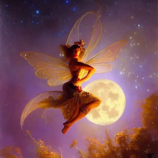 Image similar to attractive fairy magically floating high in the night, fantasy, full moon in background. highly detailed painting by gaston bussiere, craig mullins, j. c. leyendecker, mid shot, 8 k