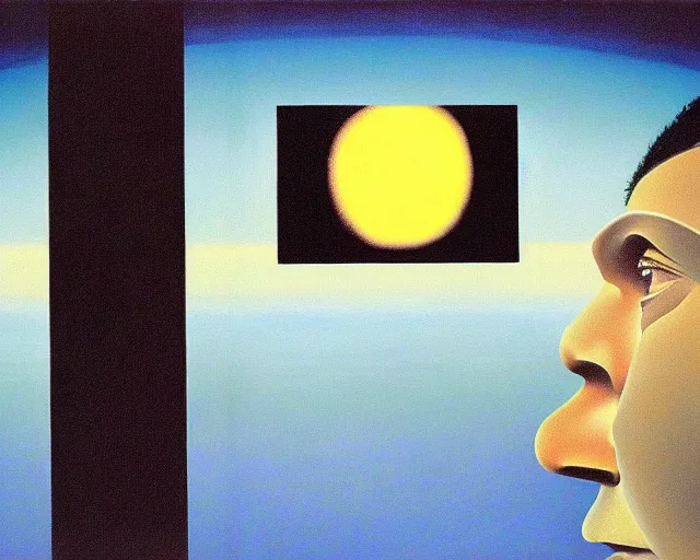 Prompt: a Magritte painting of 2001 a Space Odyssey by Stanley Kubrick