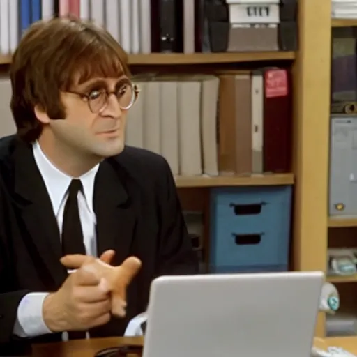 Prompt: a still of the office, starring john lennon