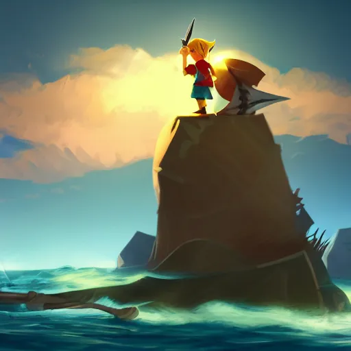 Image similar to link standing on an island ready for battle with a pirate ship in the distance, dramatic lighting, diffused light, haze, lens flare, detailed wind waker concept art, trending on artstation