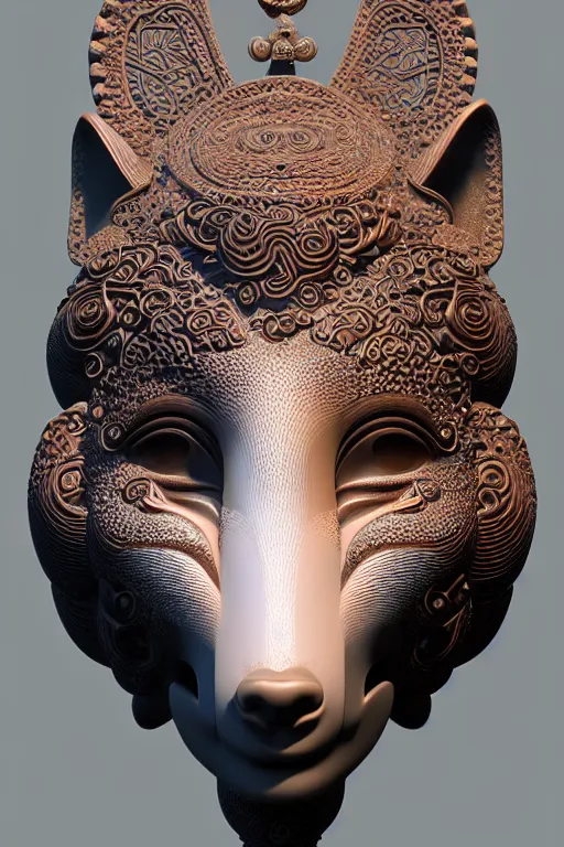 Image similar to 3 d goddess close - up profile portrait. beautiful intricate highly detailed korean fox mask and traditional korean hanbok. stingray, magpie, bio luminescent, plasma, lava, ice, water, wind, creature, artwork by tooth wu and wlop and beeple and greg rutkowski, octane 3 d render