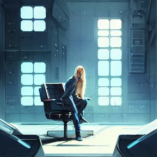 Image similar to concept art by greg rutkowski, a very tall, and slender blonde woman, wearing blue utilitarian jumpsuit, sitting in the spaceship command bridge, brutalist futuristic interior, dark lighting atmosphere, detailed portraits, nostalgic atmosphere, scifi, digital painting, artstation, concept art, smooth, sharp foccus ilustration, artstation hq