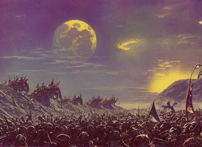 Image similar to beautiful as the moon, terrible as an army with banners. art by michael whalen and bruce pennington