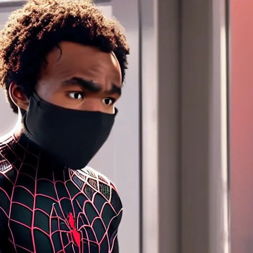 Prompt: Donald Glover as Miles Morales in black Spider-Man suit, mask off, still from Spider-Man No Way Home, detailed, 4k