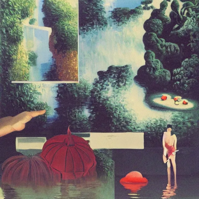 Image similar to painting of flood waters inside an apartment, tall female emo art student, a river flooding indoors, pomegranates, pigs, ikebana, water, river, rapids, waterfall, black swans, canoe, berries dripping, acrylic on canvas, surrealist, by magritte and monet