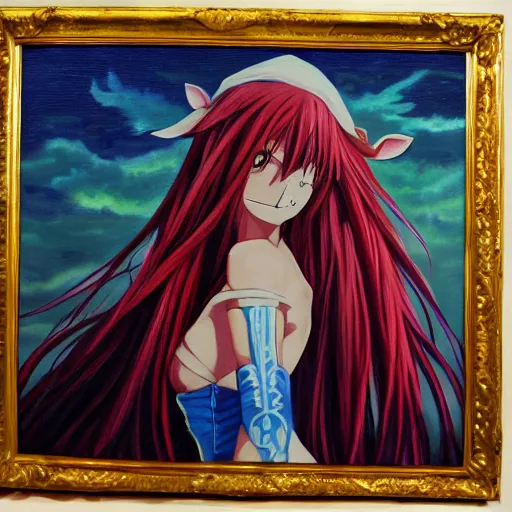 Image similar to oil painting of a long hair anime woman ELF dancing in the moonlight l Trending on Pixiv