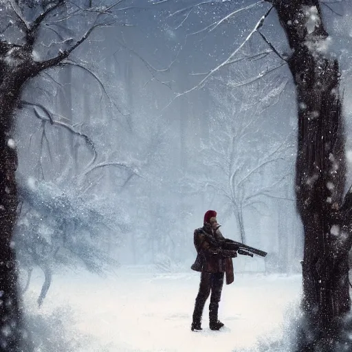 Image similar to a man holding a gun in snow in a couple of trees surrounding the man head view by greg rutkowski