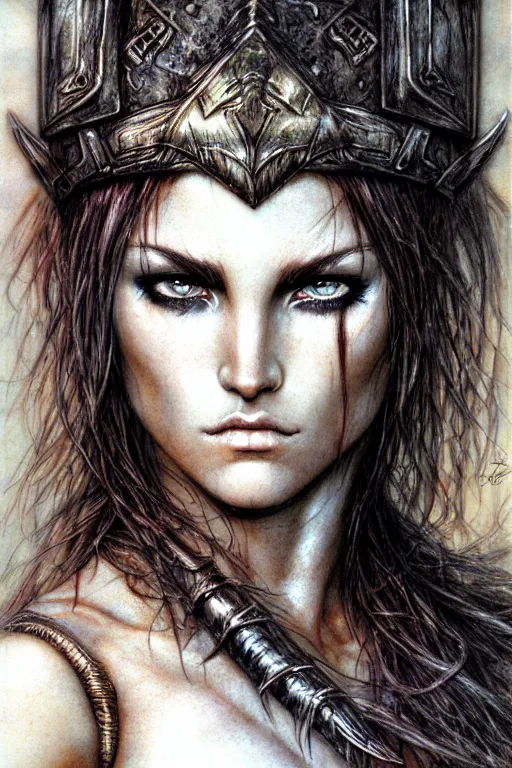 Prompt: head and shoulders portrait of a barbarian, female, high fantasy, d & d, by luis royo, sharp focus, face details, extremely detailed, digital illustration,
