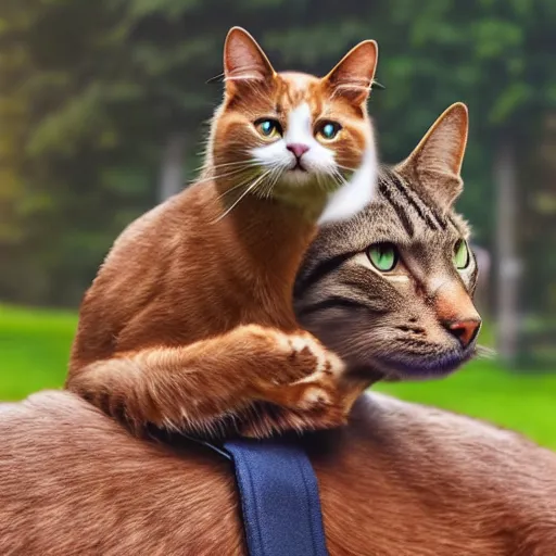 Image similar to a cat sitting on a dog's back while the dog is riding a horse, realistic, 4k