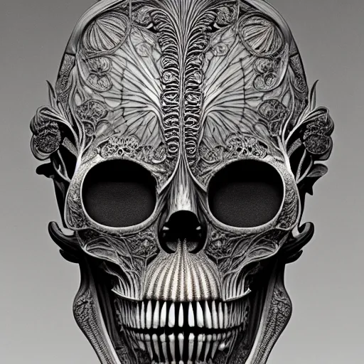 Prompt: art forms of nature by ernst haeckel, memento mori by arthur rackham, ornate antique porcelain beautiful skull mask, ultrasharp, photorealistic, hyperdetailed, octane render, polished, art nouveau, gothic, intricate ornamental organic filigree, art nouveau botanicals, art forms of nature by ernst haeckel, horizontal symmetry, symbolist, visionary