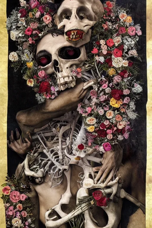 Prompt: a man lying in flowers and bones, he has large eyes and lips and feels an existential dread of love, surrounded by IV bags, HD Mixed media collage, highly detailed and intricate, surreal illustration in the style of Caravaggio, baroque dark art