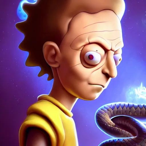 Image similar to Morty from rick and morty, perfect eyes, full body shot, snakes, portrait, fantasy, beautiful face, medieval, vivid colors, elegant, concept art, sharp focus, digital art, Hyper-realistic, 4K, Unreal Engine, Highly Detailed, HD, Dramatic Lighting by Brom, trending on Artstation