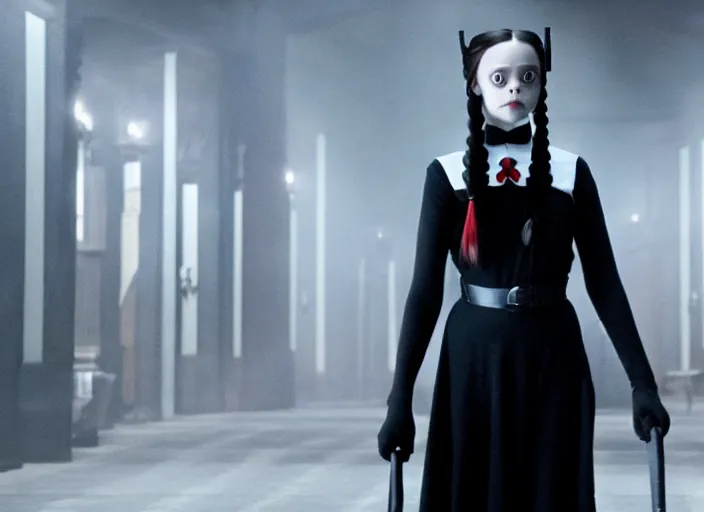 Image similar to film still of wednesday addams in the new scifi movie, 4 k