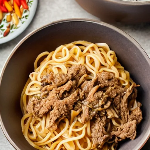 Image similar to a bowl of noodles with mixed beef sauce