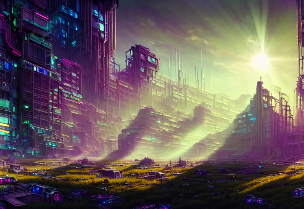 Prompt: A highly detailed crisp unreal engine render of wide view photo of A beautiful futuristic cyberpunk abandoned dystopia city building with futuristic bright lights, plants allover , godray, sunlight breaking through clouds, clouds, debris on the ground, abandoned machines bright happy colors, chaotic , nitid horizon, factory by wangchen-cg, 王琛,Neil blevins, artstation, Gediminas Pranckevicius