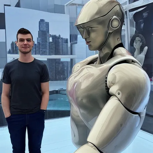 Image similar to made of ice, a realistic detailed photo of a guy who is an attractive humanoid who is half robot and half humanoid, who is a male android, on display, blank stare, showing off his muscles, shiny skin, posing like a statue, by the pool, frozen ice statue, f 1 driver max verstappen, humanoid robot