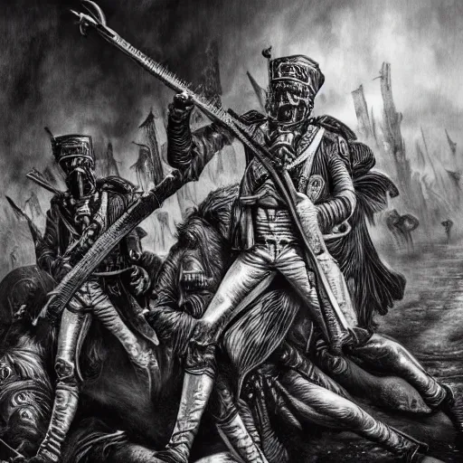 Image similar to Napoleonic Infantry, intricate artwork by Alan Moore, HR Giger, eldritch horror, lovecraft, hyperrealism, high detail, black and white, high contrast, depth of field