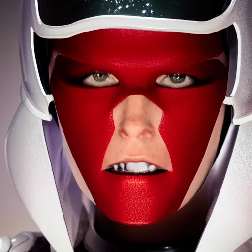 Image similar to headshot of a athletic female soldier in glossy sleek white armor with tiny red details and a long red cape, heroic posture, on the surface of mars, night time, dramatic lighting, cinematic, sci-fi, hyperrealistic