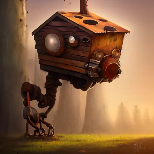 Image similar to a walking wood and metal house with two legs and one big eye, rust, hyperrealistic, highly detailed, cinematic, single ray of sun, morning, pareidolia, gravity falls style, disney, beautiful, cgssociety, artstation, 8 k, oil painting, digital art