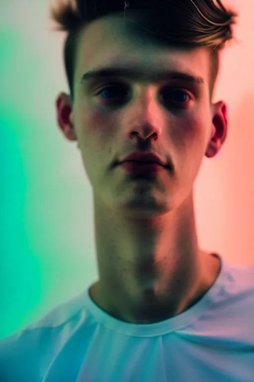 Image similar to high quality pastel coloured film mid angle selfie photograph of a beautiful young 2 0 year old male, soft features, black hair, standing in an icelandic black rock environment. atmospheric. three point light. photographic. art directed. ( pastel colours ). volumetric light. sheen. waves glitch. 8 k. filmic.