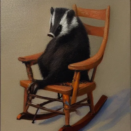 Prompt: A portrait of an old badger sitting on a rocking chair, oil painting