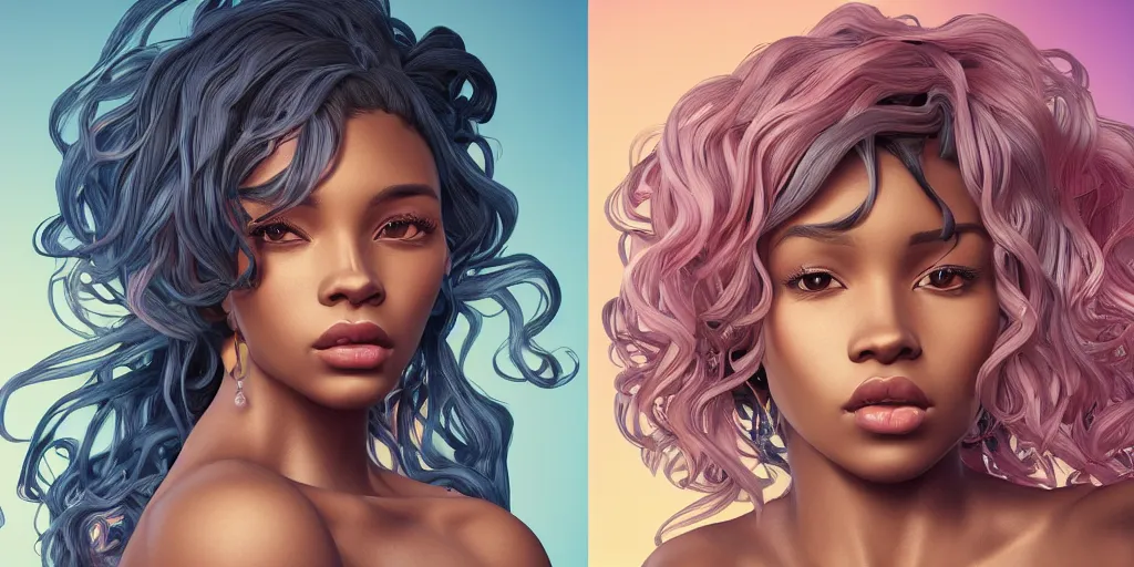 Image similar to beautiful black woman with gorgeous pastel balayage hairstyle, as seen on artgerm, octane render, in the style of alphonse mucha, ultra realistic, highly detailed, 8 k